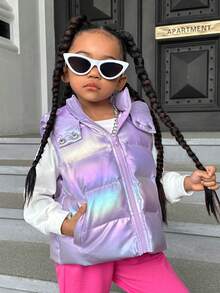 SHEIN 年轻女孩 1 件全息拉链连帽背心羽绒填充外套