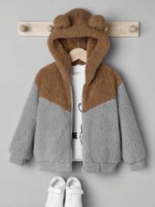 SHEIN Young Boy Two Tone 3D Ear Design Hooded Teddy Jacket Without Tee - Multicolor - View 1