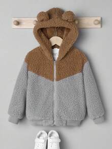 SHEIN Young Boy Two Tone 3D Ear Design Hooded Teddy Jacket Without Tee - Multicolor - View 7