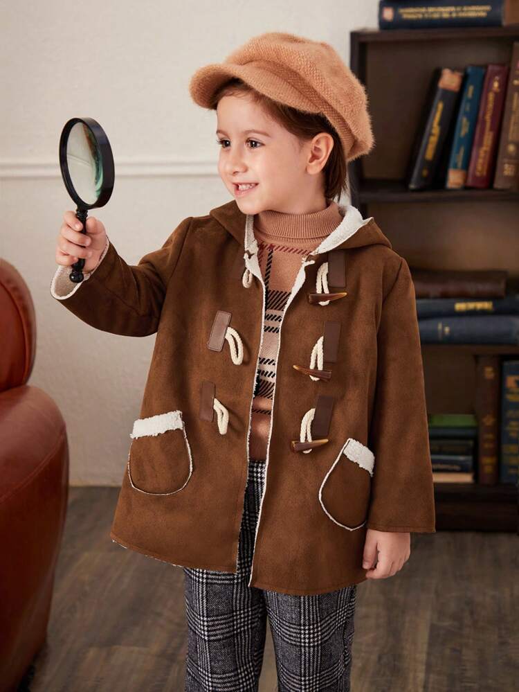 Young Boy Duffle Button Hooded Faux Suede Coat