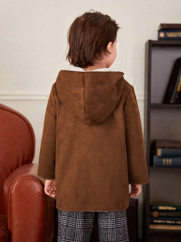 Young Boy Duffle Button Hooded Faux Suede Coat
