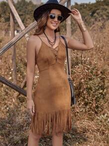RELISH NOLESS Western Wear Women Cowgirl Outfit Boho Hippie Old Money Bohemian Festival Suede Fringe Dress - Camel - View 1