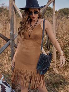 RELISH NOLESS Western Wear Women Cowgirl Outfit Boho Hippie Old Money Bohemian Festival Suede Fringe Dress - Camel - View 4