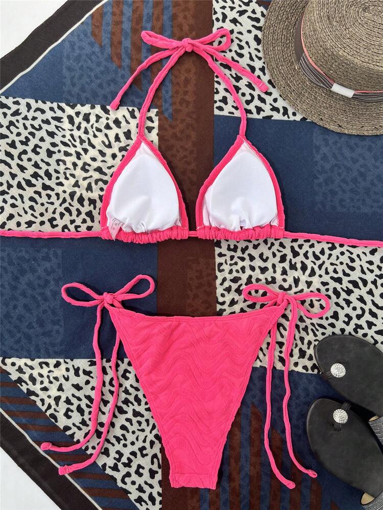 Textured Bikini Set Halter Triangle Bra & Tie Side Bottom 2 Pieces Bathing Suit Summer