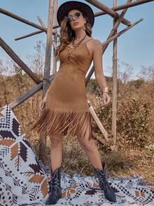 RELISH NOLESS Western Wear Women Cowgirl Outfit Boho Hippie Old Money Bohemian Festival Suede Fringe Dress - Camel - View 5