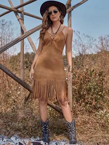 RELISH NOLESS Western Wear Women Cowgirl Outfit Boho Hippie Old Money Bohemian Festival Suede Fringe Dress - Camel - View 6