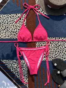 SHEIN Swim Textured Bikini Set Halter Triangle Bra & Tie Side Bottom 2 Pieces Bathing Suit Summer - Hot Pink - View 4