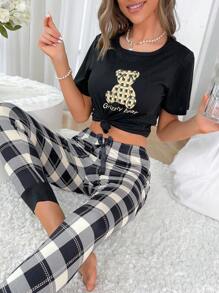 Bear & Letter Graphic Tee & Plaid Print Trousers PJ Set - Black - View 4