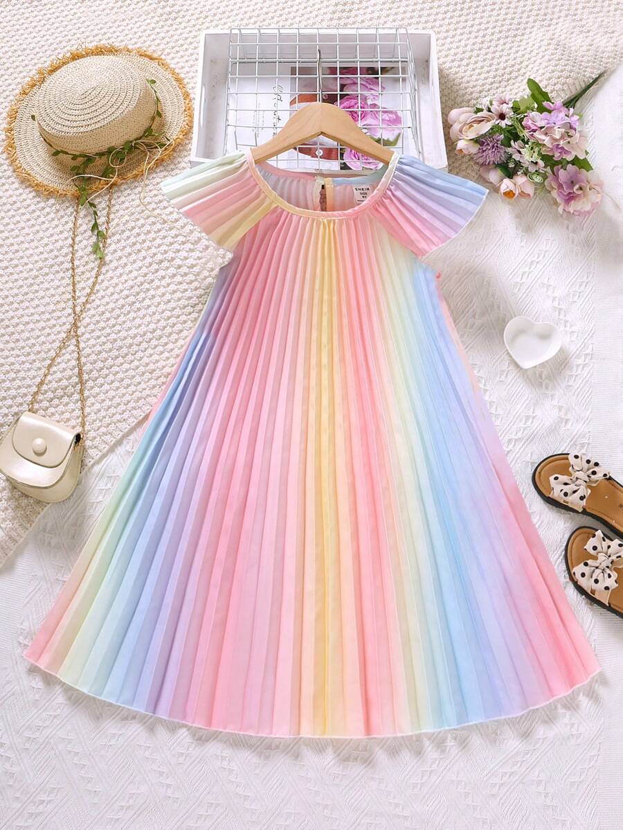 SHEIN Tween Girl Round Neck Short Sleeve Rainbow Pleated Dress For Vacation And Daily Wear, Summer