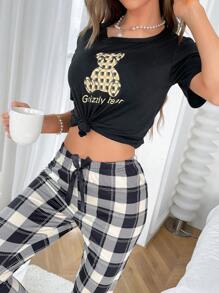 Bear & Letter Graphic Tee & Plaid Print Trousers PJ Set - Black - View 6