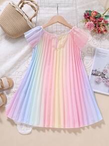 SHEIN Tween Girl Round Neck Short Sleeve Rainbow Pleated Dress For Vacation And Daily Wear, Summer