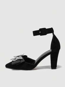 Sandalias negras de tacón grueso y cómodo de tacón alto para mujer, de ante sintético y con diseño calado - Negro - Ver 3