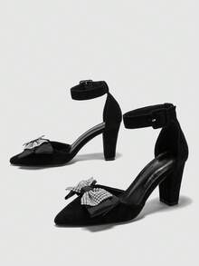 Sandalias negras de tacón grueso y cómodo de tacón alto para mujer, de ante sintético y con diseño calado - Negro - Ver 4