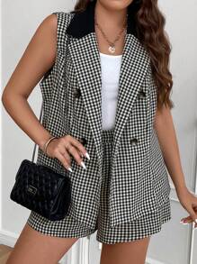 SHEIN LUNE Plus Houndstooth Print Vest Blazer & Shorts
