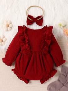 女嬰荷葉邊喇叭袖前蝴蝶結連身背心＆ 頭巾