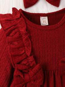 女嬰荷葉邊喇叭袖前蝴蝶結連身背心＆ 頭巾