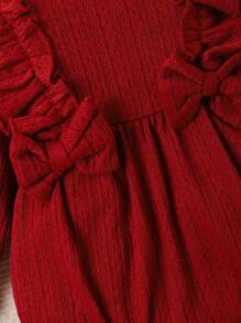 女嬰荷葉邊喇叭袖前蝴蝶結連身背心＆ 頭巾