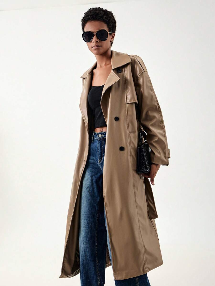 Aveloria Double Breasted Belted Trench Coat - Brown - View 1