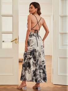 SHEIN Privé 大理石圖案垂領露背交叉吊帶連衣裙 - 杏色 - 查看 2