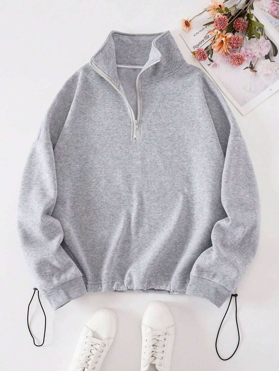 INAWLY Plus Half Zip Drawstring Hem Thermal Lined Sweatshirt - Light Grey - View 1