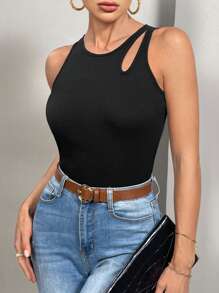SHEIN Essnce Cut Out Ribbed Knit Tank Top - Black - View 1