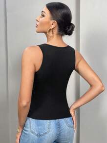 SHEIN Essnce Cut Out Ribbed Knit Tank Top - Black - View 2