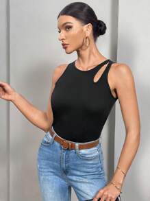 SHEIN Essnce Cut Out Ribbed Knit Tank Top - Black - View 3