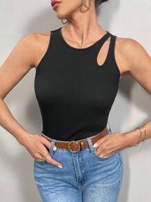 SHEIN Essnce Cut Out Ribbed Knit Tank Top - Black - View 4