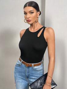 SHEIN Essnce Cut Out Ribbed Knit Tank Top - Black - View 5