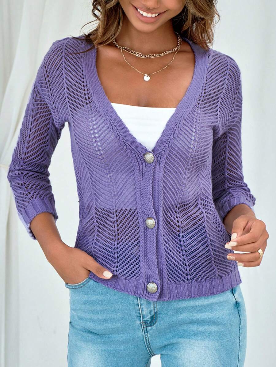 Dệt kim chấm bi Nút phía trước Áo len Mở - Màu Lilac Tím - Xem 1