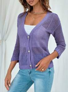 Dệt kim chấm bi Nút phía trước Áo len Mở - Màu Lilac Tím - Xem 3