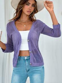 Dệt kim chấm bi Nút phía trước Áo len Mở - Màu Lilac Tím - Xem 5