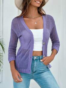 Dệt kim chấm bi Nút phía trước Áo len Mở - Màu Lilac Tím - Xem 6