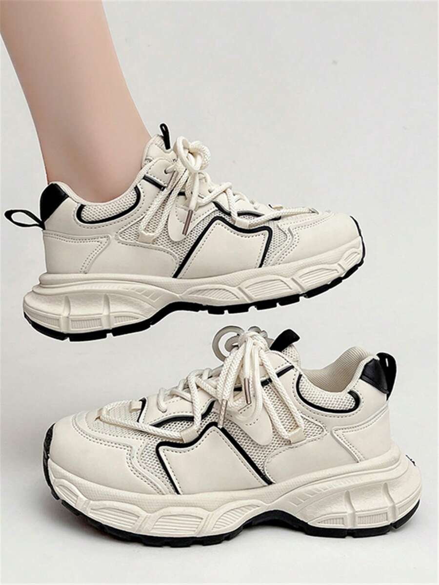 Women's Front Tie Platform Sneakers,Chunky Shoes Women's New Summer Shoes, Versatile Thick-Soled Mesh Shoes, Breathable And Casual Sports Shoes - Beige - View 1