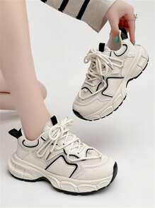 Women's Front Tie Platform Sneakers,Chunky Shoes Women's New Summer Shoes, Versatile Thick-Soled Mesh Shoes, Breathable And Casual Sports Shoes - Beige - View 2