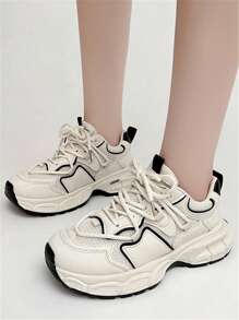 Women's Front Tie Platform Sneakers,Chunky Shoes Women's New Summer Shoes, Versatile Thick-Soled Mesh Shoes, Breathable And Casual Sports Shoes - Beige - View 3