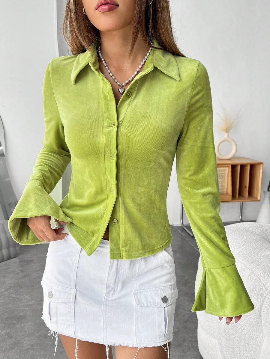 SHEIN EZwear 喇叭袖前紐扣襯衫 - 綠色 - 查看 1
