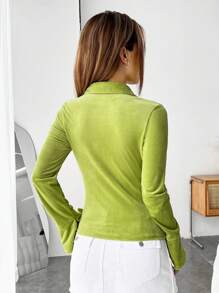 SHEIN EZwear 喇叭袖前紐扣襯衫 - 綠色 - 查看 2