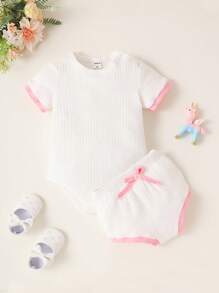 女嬰拼接邊條紋針織連身背心&前蝴蝶結短褲 - 白色 - 查看 1