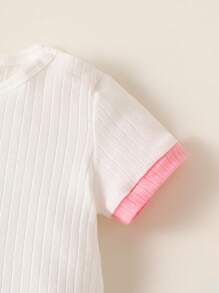 女嬰拼接邊條紋針織連身背心&前蝴蝶結短褲 - 白色 - 查看 5