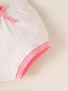 女嬰拼接邊條紋針織連身背心&前蝴蝶結短褲 - 白色 - 查看 6