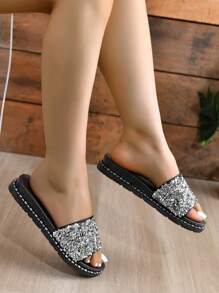 Women Flat Sandals With Sparkly Decoration - Black - View 1