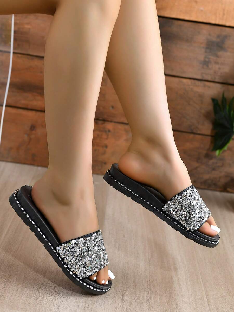 Women Flat Sandals With Sparkly Decoration - Black - View 1