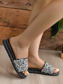Women Flat Sandals With Sparkly Decoration - Black - View 2