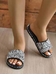 Women Flat Sandals With Sparkly Decoration - Black - View 3