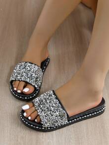 Women Flat Sandals With Sparkly Decoration - Black - View 4