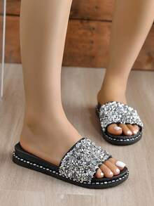 Women Flat Sandals With Sparkly Decoration - Black - View 6