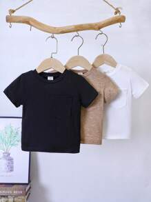SHEIN 3pcs/Pack Baby/Baby BoySolid Color Patch Pocket T-Shirts - Multicolor - View 1