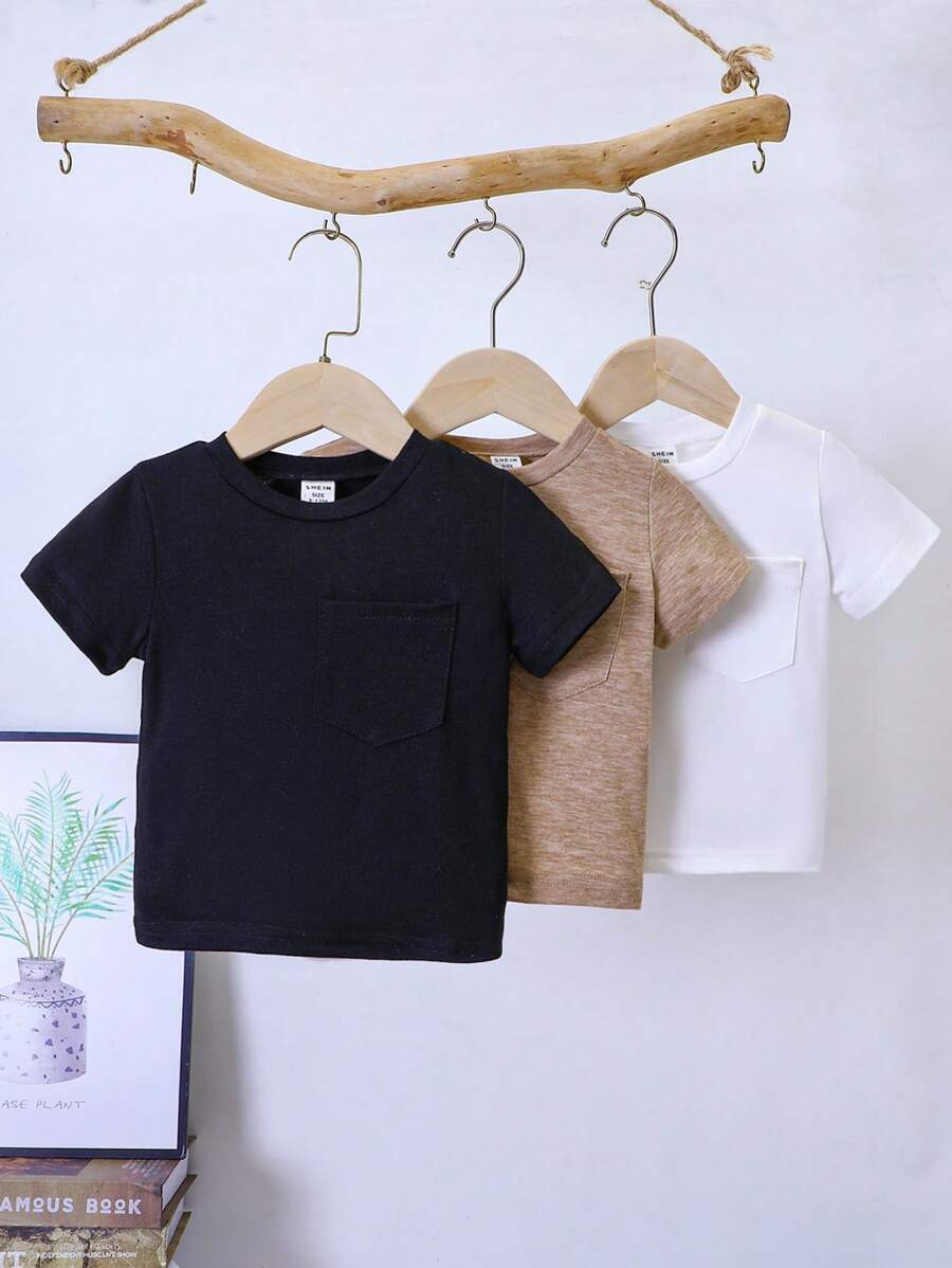 SHEIN 3pcs/Pack Baby/Baby BoySolid Color Patch Pocket T-Shirts - Multicolor - View 1
