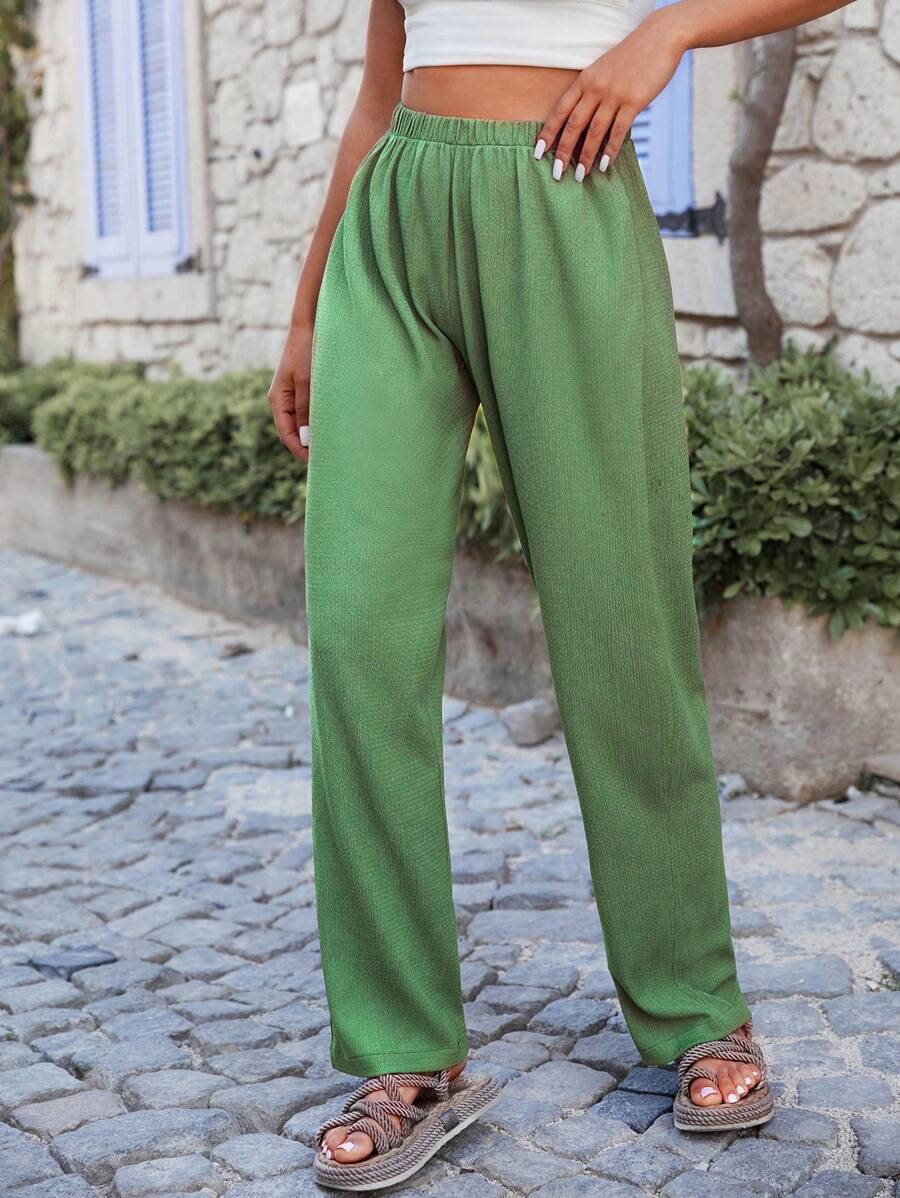 EURMUSE Solid Straight Leg Pants - Army Green - View 1